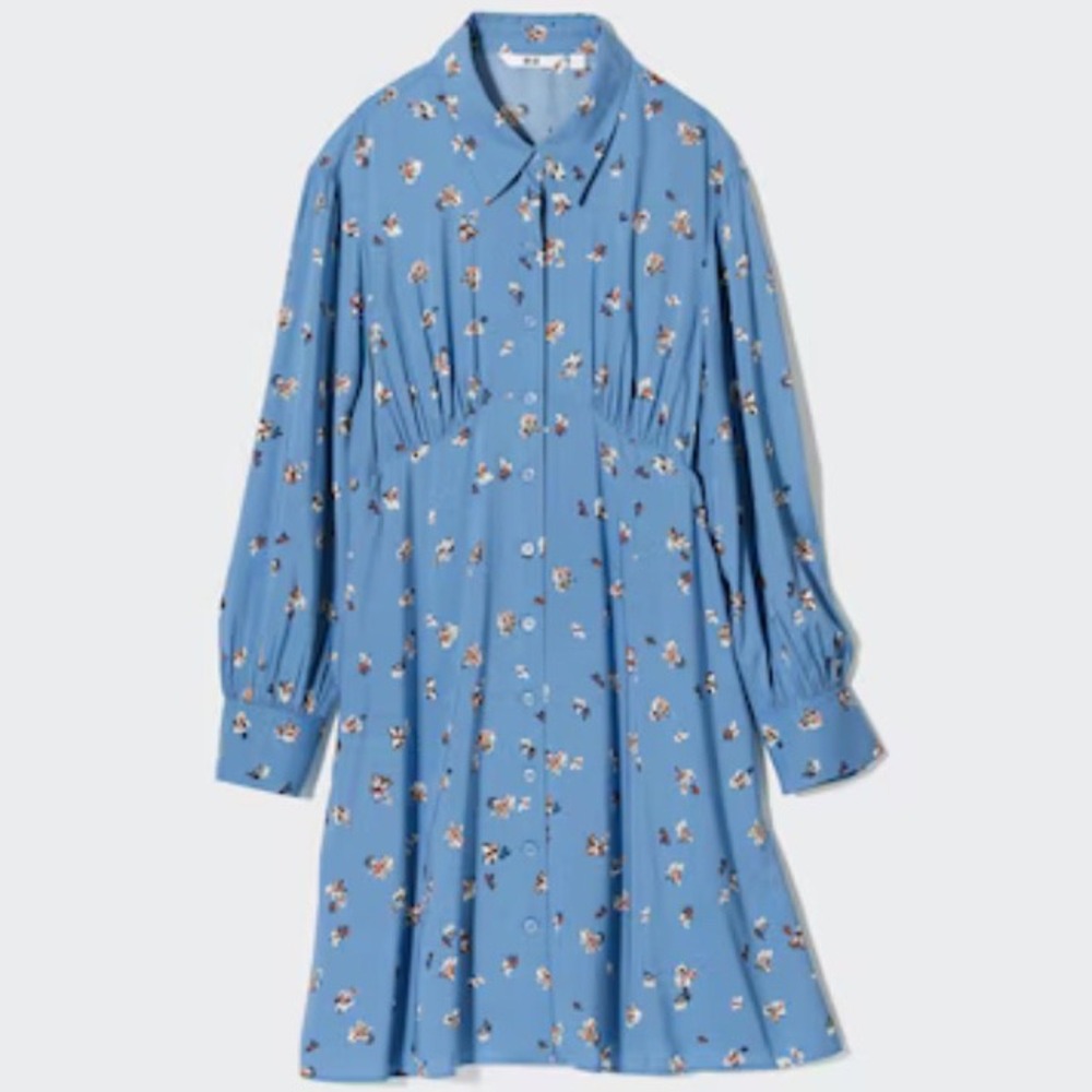 Uniqlo Printed V-Neck Long-Sleeve Mini Dress Floral Blue,